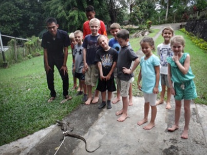 Experience wildlife outside and inside the classroom. This monitor lizard showed up in the school room one morning. (Incidentally, the kids had prayed for one. The teachers? Not so much.) Experience wildlife outside and inside the classroom. This monitor lizard showed up in the school room one morning. (Incidentally, the kids had prayed for one. The teachers? Not so much.)